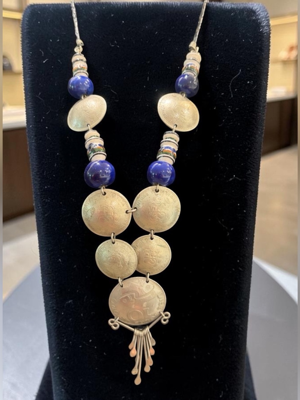 Vintage Peruvian Authentic Coins Statement Necklace, Cobalt Blue Ceramic Beads